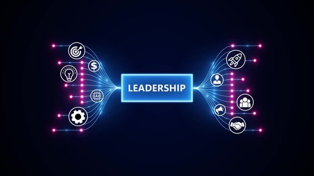 Digital futuristic animation symbolizing corporate leadership. Optimization of business and production processes. Virtual network connecting service with graphical icons in various.