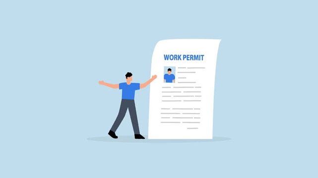 Work permit document approved - Work permit document approved, 4k animation businessman employee with approved work permit paper.