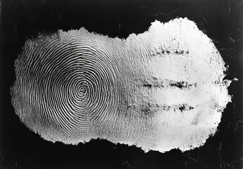 Close-up high-contrast rolled fingerprint whorl and adjacent smudged hand impression on a dark background, stark, textured and mysterious