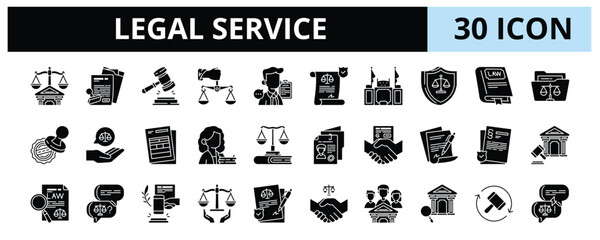 30 Legal Service Glyph Icons Vector - Legal Document, Justice Scale, Courtroom, Law Book, Legal Contract, Case Brief, Legal Consultation