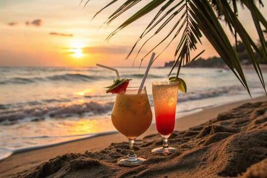 Two vibrant tropical drinks sit on warm beach sand as the sun sets over the ocean. Palm fronds frame the scene, creating a relaxing vacation mood and serene beach atmosphere. - Powered by Adobe
