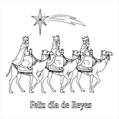 Three kings riding camels following star journey desert
