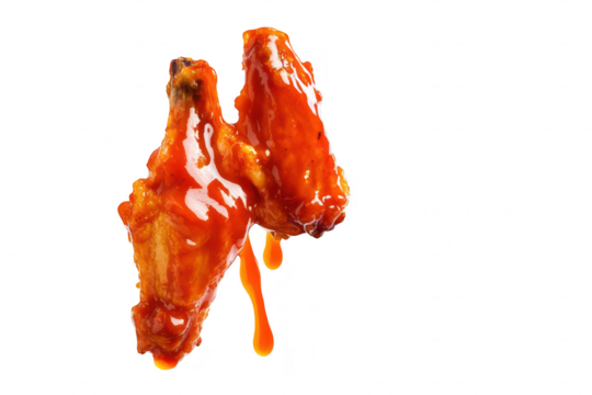 A close-up of two spicy chicken wings dripping with red sauce. suspended against a clean white background. ideal for food photography or culinary advertisements