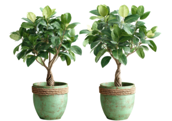 Two potted trees with rounded leaves