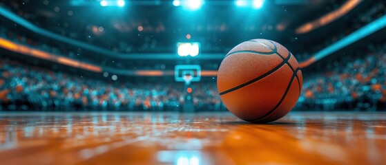 close-up basketball resting on shiny hardwood court in a packed arena under bright lights, hoop blurred in background, evoking excitement and anticipation before the game