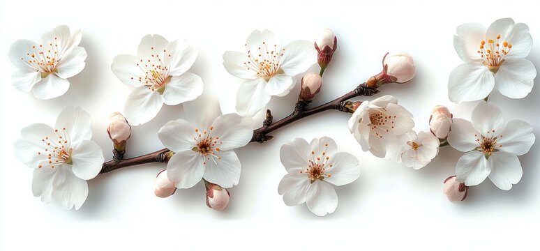 Delicate white cherry blossom branch with soft pink buds and open petals on a clean white background, evoking peaceful spring serenity