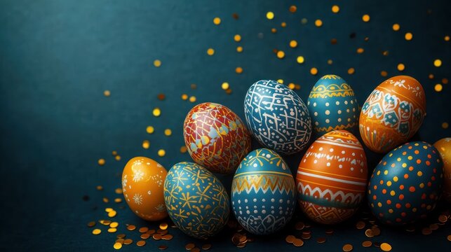 ornately painted teal and orange eggs clustered with scattered gold confetti on a dark teal background, festive joyful spring celebration mood