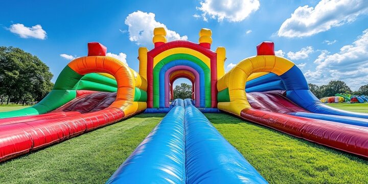 Gigantic colorful inflatable slides with rainbow arch on a green grassy field under bright blue sky and fluffy clouds, playful joyful summer park scene