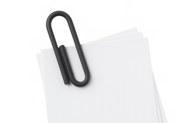 Black paper clip on blank white paper stack holding documents together, transparent background