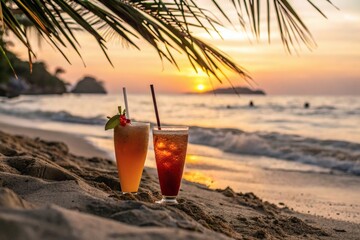 Tropical cocktails on a sandy beach at sunset, relaxing vacation vibes, summer travel leisure, ocean holiday mood, beach bar drinks, tourism concept, and warm evening seascape illustration.