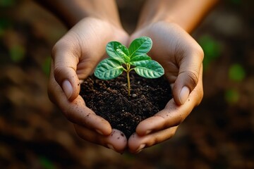 Cupped hands holding a tiny green seedling in rich soil, dirt on fingers, conveying nurturing care and hopeful new growth