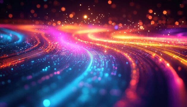 vibrant flowing neon light trails and sparkling particles on a dark background evoking dynamic futuristic energy and motion