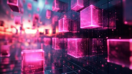 glowing translucent pink cubes floating in a reflective tiled grid corridor with sparkling particles and neon bokeh, futuristic dreamy energy