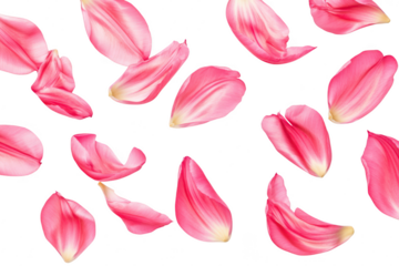 A serene arrangement of delicate pink rose petals scattered gracefully on a pristine white background. creating a tranquil and romantic atmosphere suitable for various design projects