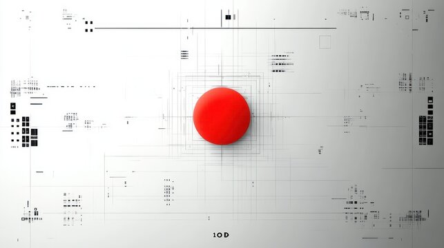 Red glossy sphere centered on a minimal white panel with fine technical grid lines and scattered black circuit-like marks, evoking precise futuristic calm