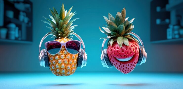 Floating pineapple wearing sunglasses and headphones beside a smiling strawberry with headphones in a vibrant teal studio scene conveying a playful, cool, joyful musical vibe