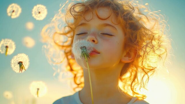 backlit child with curly golden hair holding a dandelion as seeds drift in warm sunset light, evoking joyful wonder and carefree play - Powered by Adobe