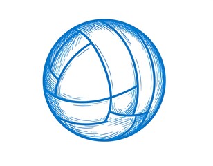 A blue-lined hand-drawn illustration depicting a volleyball on a white background. This sketch-style image highlights the ball's segmented panels