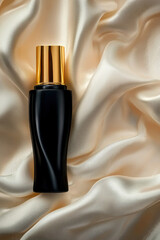 Elegant black cosmetic bottle with golden pump on soft, flowing cream fabric background