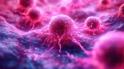 Close-up microscopic view of invasive tumor cells with radiating filaments across textured tissue in vibrant pink and purple, ominous and menacing mood