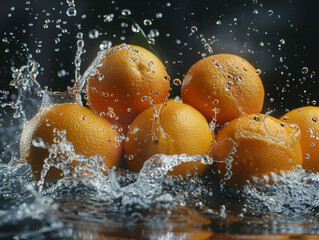 A bunch of ripe orange, with water droplets, falling into a deep black water tank