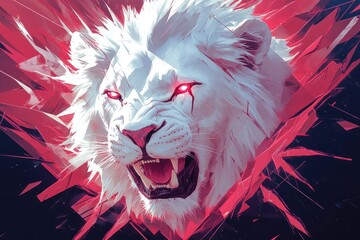 Roaring white lion head with glowing red eyes and bared fangs bursting through red crystalline shards against a dark background, fierce and powerful expression