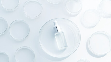 White background, glass petri dishes and circular plates with a skin care essence bottle in the middle