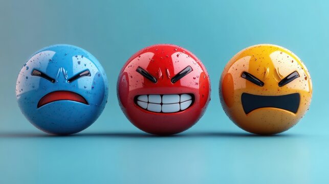 Three glossy emoticon spheres in blue, red, and yellow showing angry, enraged, and furious expressions with furrowed brows and clenched teeth on a teal background