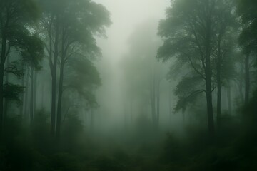 Fototapeta premium A dense, mist-filled forest where tall trees fade softly into the fog, creating a calm yet mysterious mood. The scene feels quiet, isolated, and atmospheric.