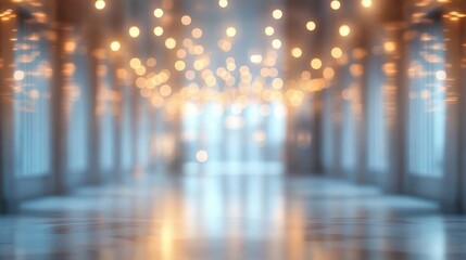 blurred airy corridor with warm bokeh hanging lights, tall columns, reflective polished floor and soft blue glow evoking calm dreamy atmosphere