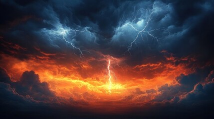 ominous storm sky with turbulent dark blue upper clouds, glowing fiery orange lower clouds and a dramatic central lightning bolt, intense and awe-inspiring atmosphere