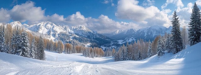 Sunlit snowy mountain valley with groomed ski slope, frost-covered evergreen and larch trees, distant jagged peaks under blue sky, peaceful winter calm