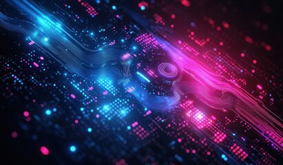 Glowing blue and pink digital circuit stream with flowing neon lines, data particles and grid, futuristic energetic abstract technology