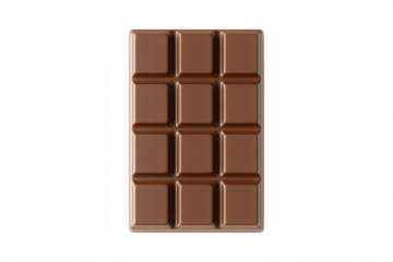 A high-quality image of a rectangular chocolate bar with distinct segments. placed on a clean white background. its smooth texture and rich brown color. ideal for culinary or product-related uses