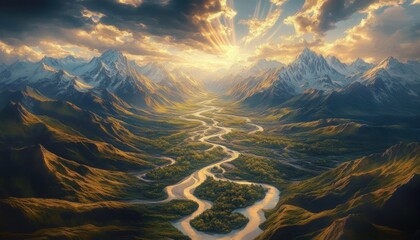 Majestic alpine valley with a meandering river, snow-capped peaks and golden sunrays breaking through dramatic clouds, evoking awe and tranquil serenity