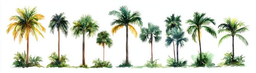 Obraz premium row of watercolor palm trees in varying heights with green and golden fronds, small ground plants and grassy clumps on a white background conveying a calm tropical breeze