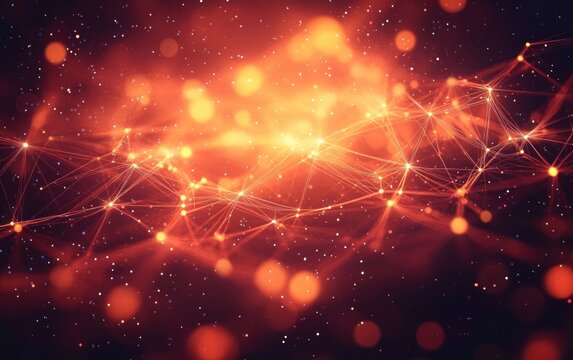 glowing orange-red network of connected nodes and flowing light particles with bokeh and starlike specks conveying warmth, energy and futuristic wonder