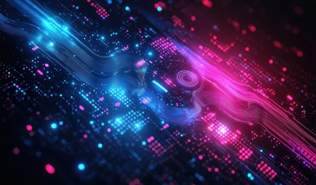 Glowing blue and pink digital circuit stream with flowing neon lines, data particles and grid, futuristic energetic abstract technology