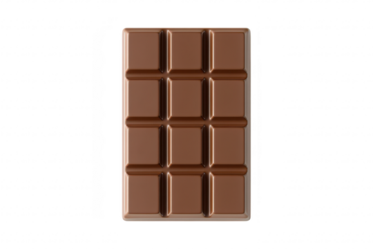 A high-quality image of a rectangular chocolate bar with distinct segments. placed on a clean white background. its smooth texture and rich brown color. ideal for culinary or product-related uses