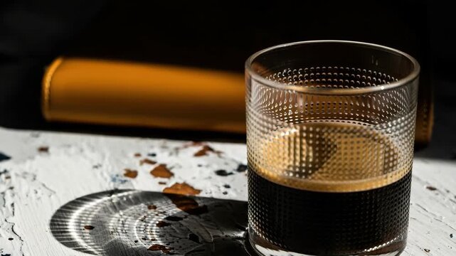 A row of textured glasses filled with dark espresso coffee under bright sunlight. Artistic beverage concept with dramatic shadows and light play on a distressed white background