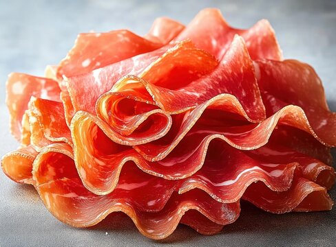 delicate ruffled curls of thinly sliced cured ham on a textured surface with glossy marbling and translucent edges, evoking a savory, indulgent mood