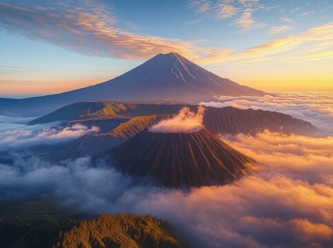 Majestic volcanic peaks and craters rising through a glowing sea of clouds at sunrise, warm golden light and serene mist over layered ridges and a dramatic pastel sky