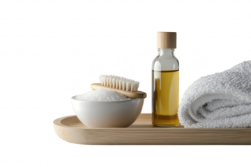 A serene spa setting featuring a wooden tray with a bowl of white salt. a natural bristle brush. a glass bottle of oil. and a soft towel. creating a calming atmosphere for relaxation and self-care