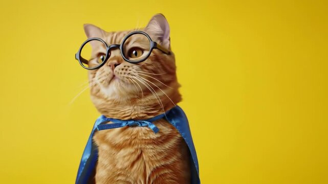 Cute Ginger Cat Dressed as a Superhero with Glasses and Cape.
