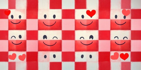 pink and red checkerboard of squares with smiling and winking face icons and scattered red hearts, a playful cheerful mural conveying affection and joy