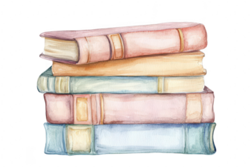 A stack of beautifully illustrated vintage books in soft pastel colors. resting on a plain background. ideal for educational materials or decorative purposes in libraries or study spaces
