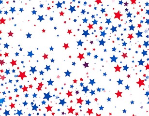 Festive pattern with scattered red and blue stars of varying sizes against a white background, creating a celebratory effect