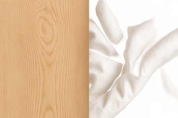 Wood texture background with flying white fabric pieces against transparent grid for design element