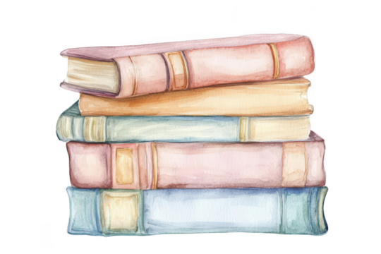 A stack of beautifully illustrated vintage books in soft pastel colors. resting on a plain background. ideal for educational materials or decorative purposes in libraries or study spaces