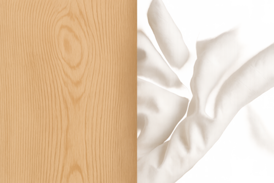 Wood texture background with flying white fabric pieces against transparent grid for design element